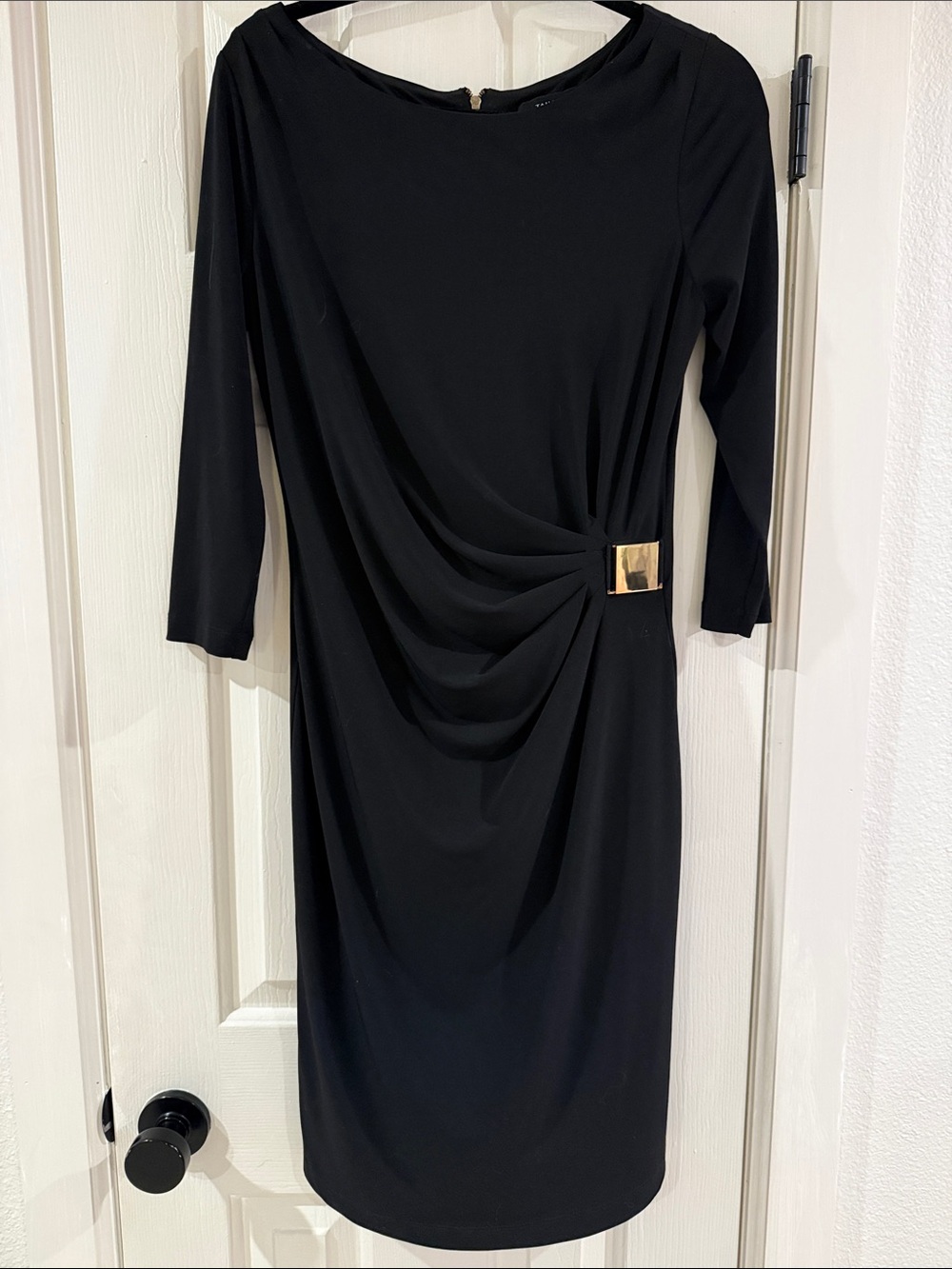 Tahari Above-the-knee Black 3/4 Sleeve Draped Dress with Gold Accent Size 8
